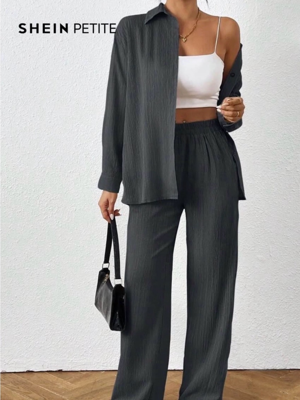 SHEIN Petite Charcoal Textured Wide-Leg Pant Set